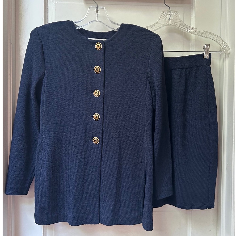 St. John Basics Navy Knit Button Down Jacket and Pencil Skirt Suit Set SZ XS/2